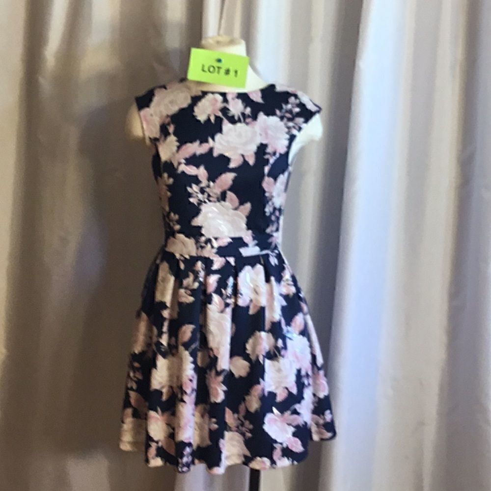 Open back dress in navy with pink, whit, silver roses in size medium